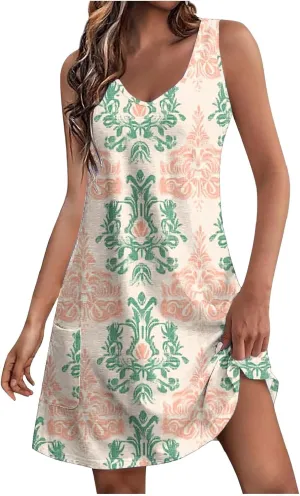 FZYLQY Sleeveless Boho Printed Tank Dress for Women Summer Casual Loose Fit Mini Dresses V Neck Lightweight Beach Outfits