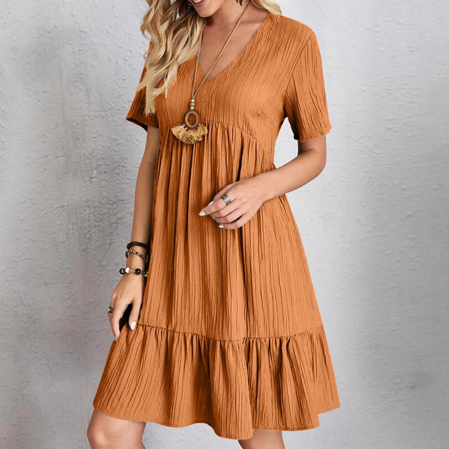 FZYLQY Womens Casual Dresses Short Sleeve V Neck Loose Fit Swing Dress Trendy Comfy Summer Sundresses Beach Mini Dresses