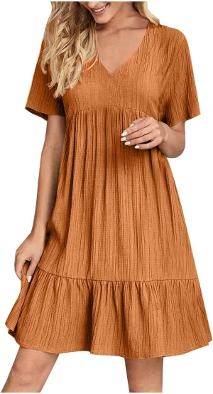 FZYLQY Womens Casual Dresses Short Sleeve V Neck Loose Fit Swing Dress Trendy Comfy Summer Sundresses Beach Mini Dresses