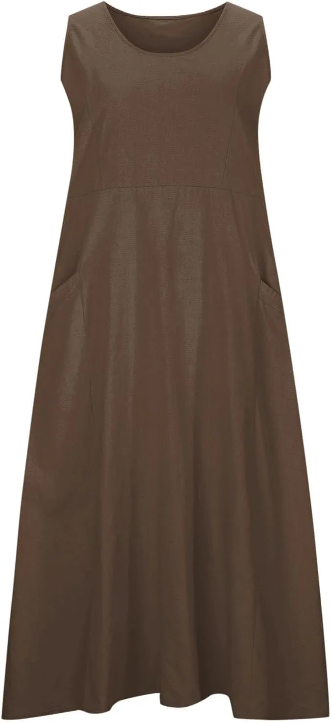 FZYLQY Women's Summer Cotton Linen Long Dress Sleeveless Elegant Flowy Sundresses for Women Loose Comfy Dress with Pockets
