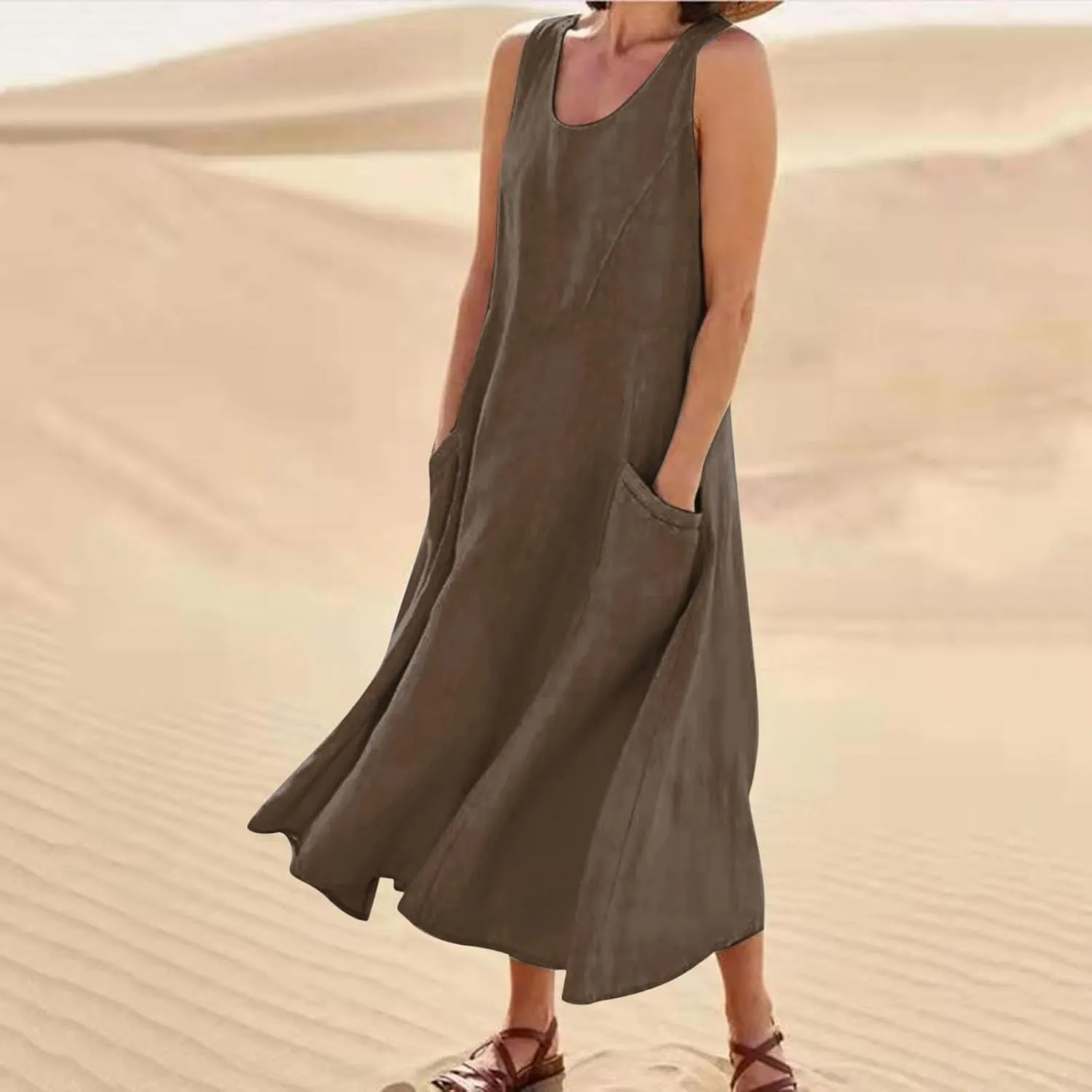 FZYLQY Women's Summer Cotton Linen Long Dress Sleeveless Elegant Flowy Sundresses for Women Loose Comfy Dress with Pockets