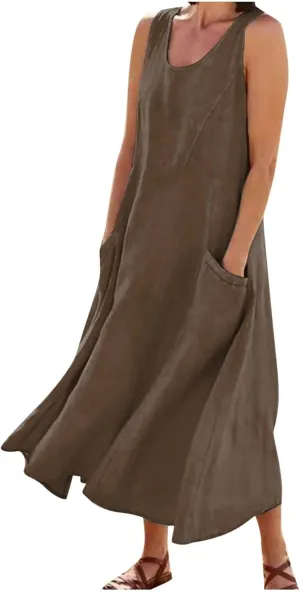 FZYLQY Women's Summer Cotton Linen Long Dress Sleeveless Elegant Flowy Sundresses for Women Loose Comfy Dress with Pockets