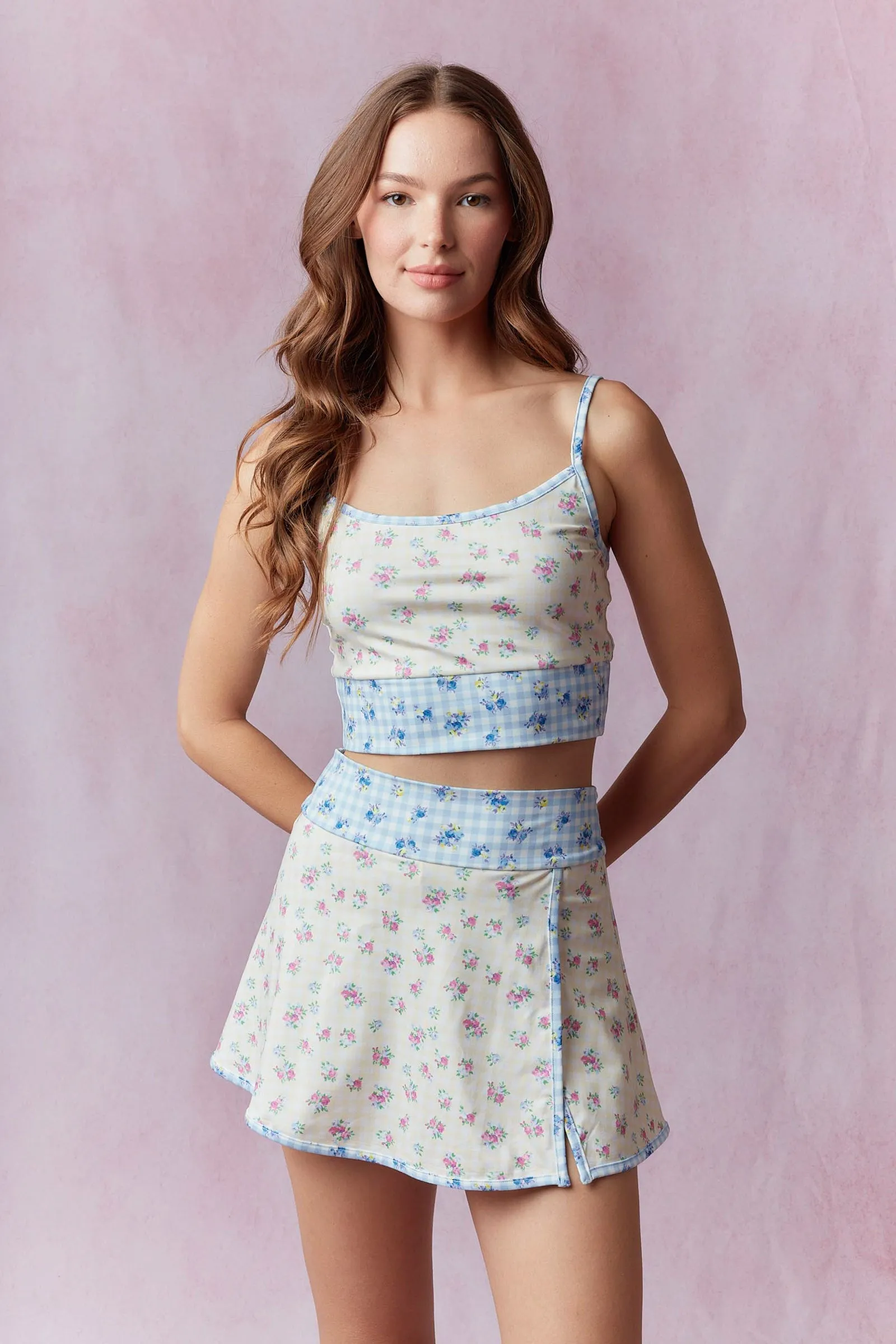 Gingham Floral Print Patchwork Lap Sporty Mini Skirt