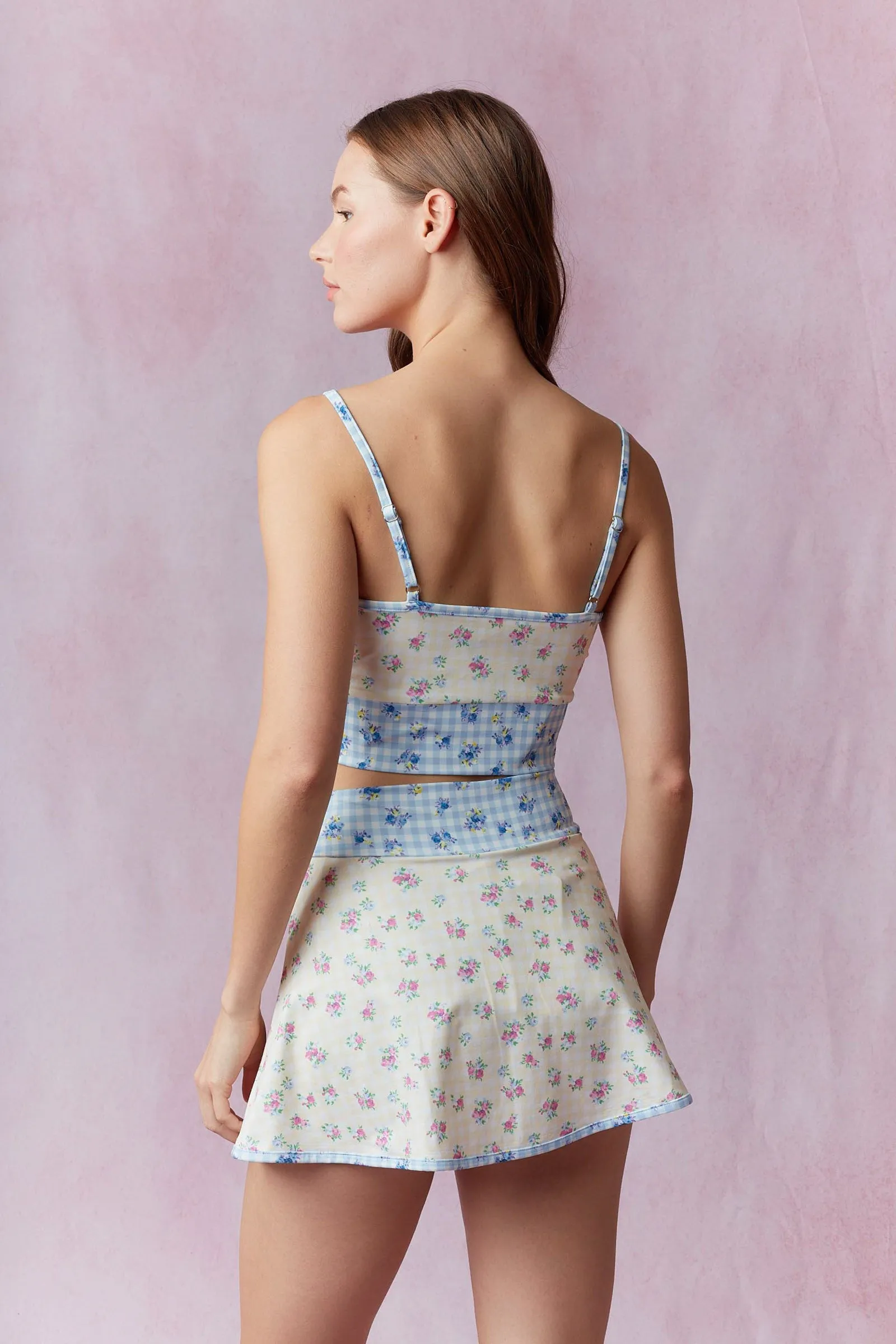 Gingham Floral Print Patchwork Lap Sporty Mini Skirt