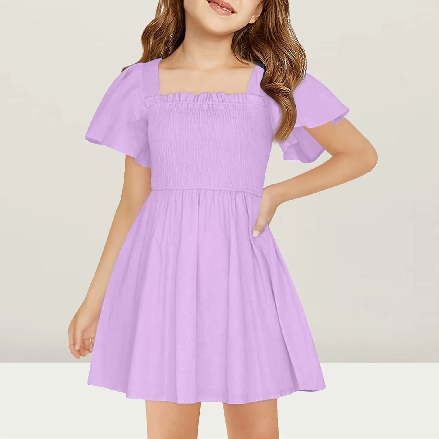 Girl Summer Dress Ruffle Sleeve Dresses Square Neck A Line Dress for Party Cute Dance Wedding Guest Dresses 5-14 Years
