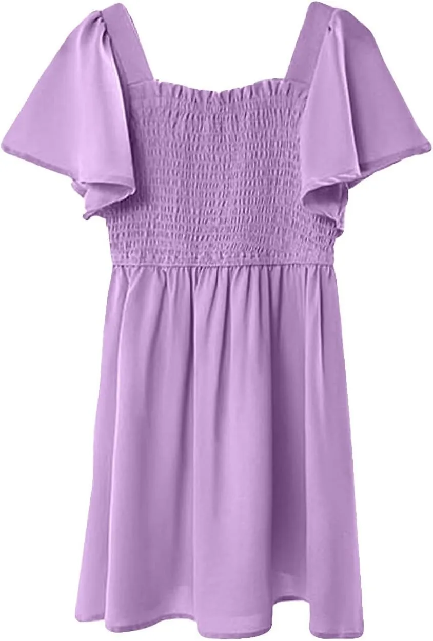 Girl Summer Dress Ruffle Sleeve Dresses Square Neck A Line Dress for Party Cute Dance Wedding Guest Dresses 5-14 Years