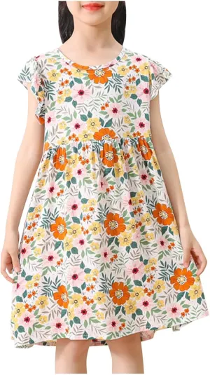 Girls Casual Dress Summer Floral Printed Ruffle Sleeve A Line Party Dress Round Neck Boho Dresses Size 3-14 Years