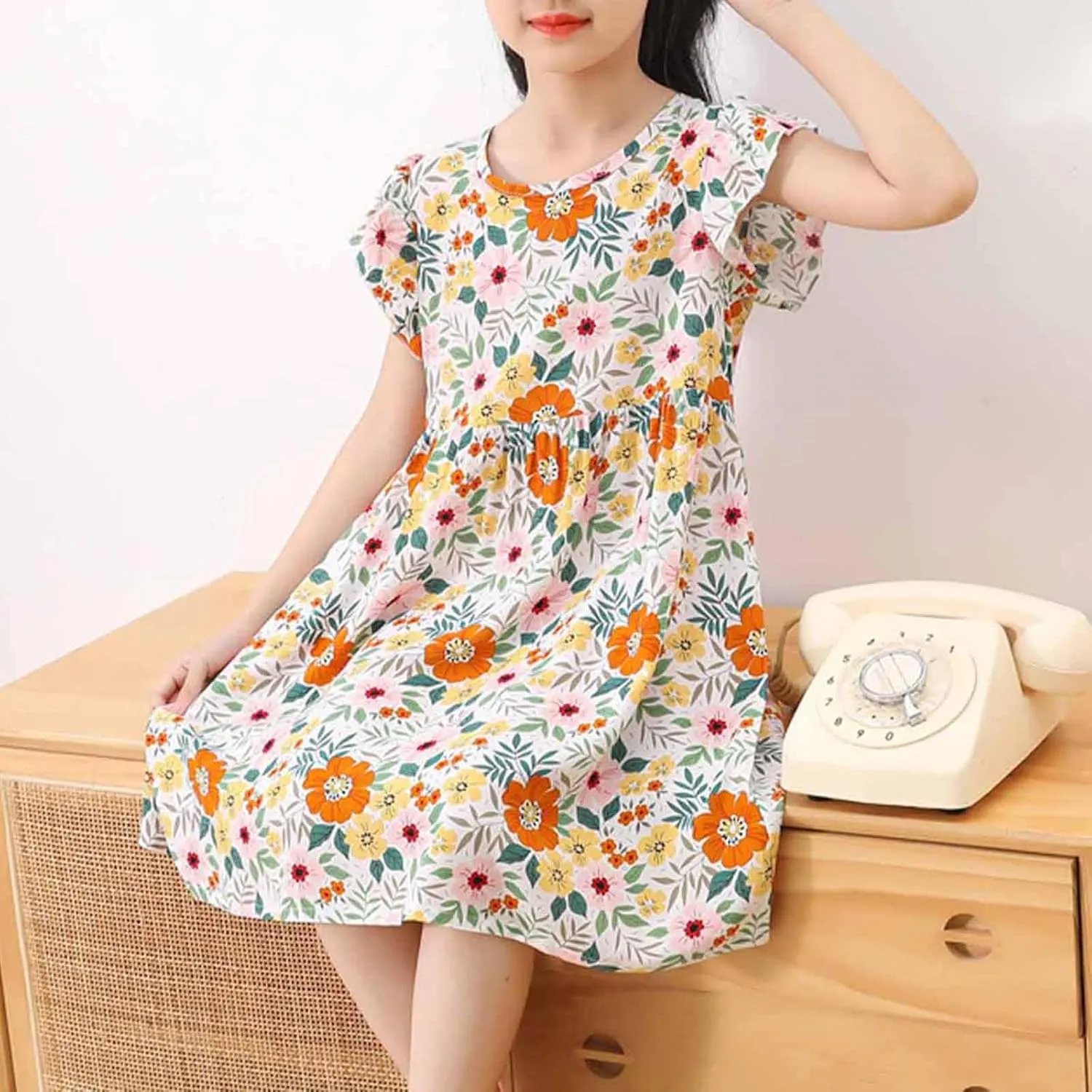 Girls Casual Dress Summer Floral Printed Ruffle Sleeve A Line Party Dress Round Neck Boho Dresses Size 3-14 Years