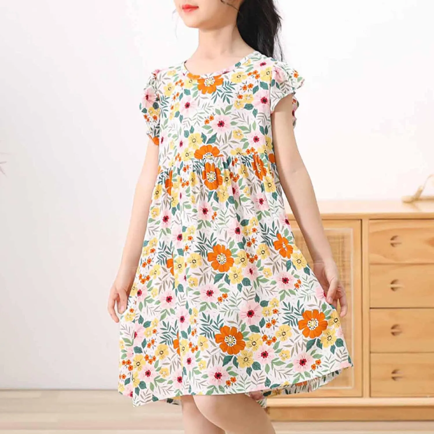 Girls Casual Dress Summer Floral Printed Ruffle Sleeve A Line Party Dress Round Neck Boho Dresses Size 3-14 Years