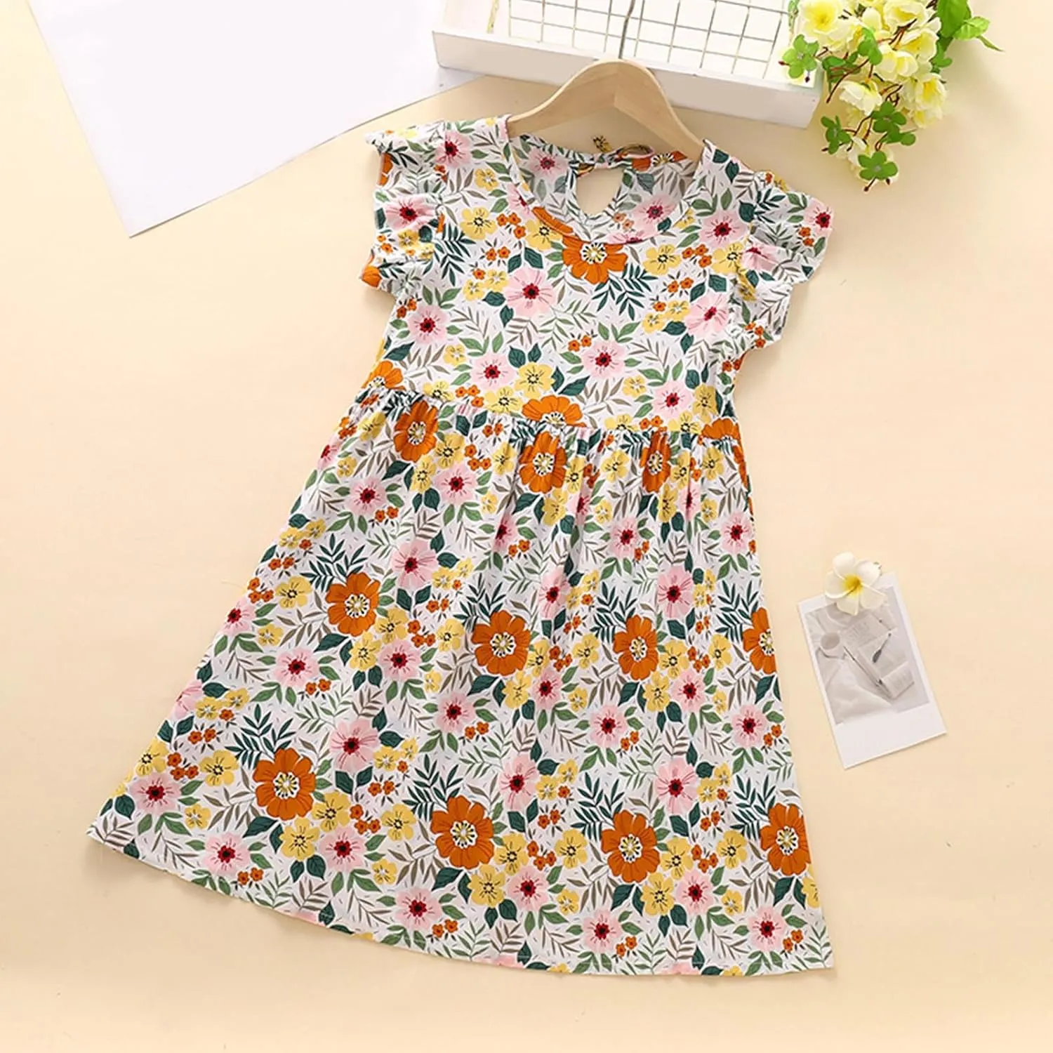 Girls Casual Dress Summer Floral Printed Ruffle Sleeve A Line Party Dress Round Neck Boho Dresses Size 3-14 Years