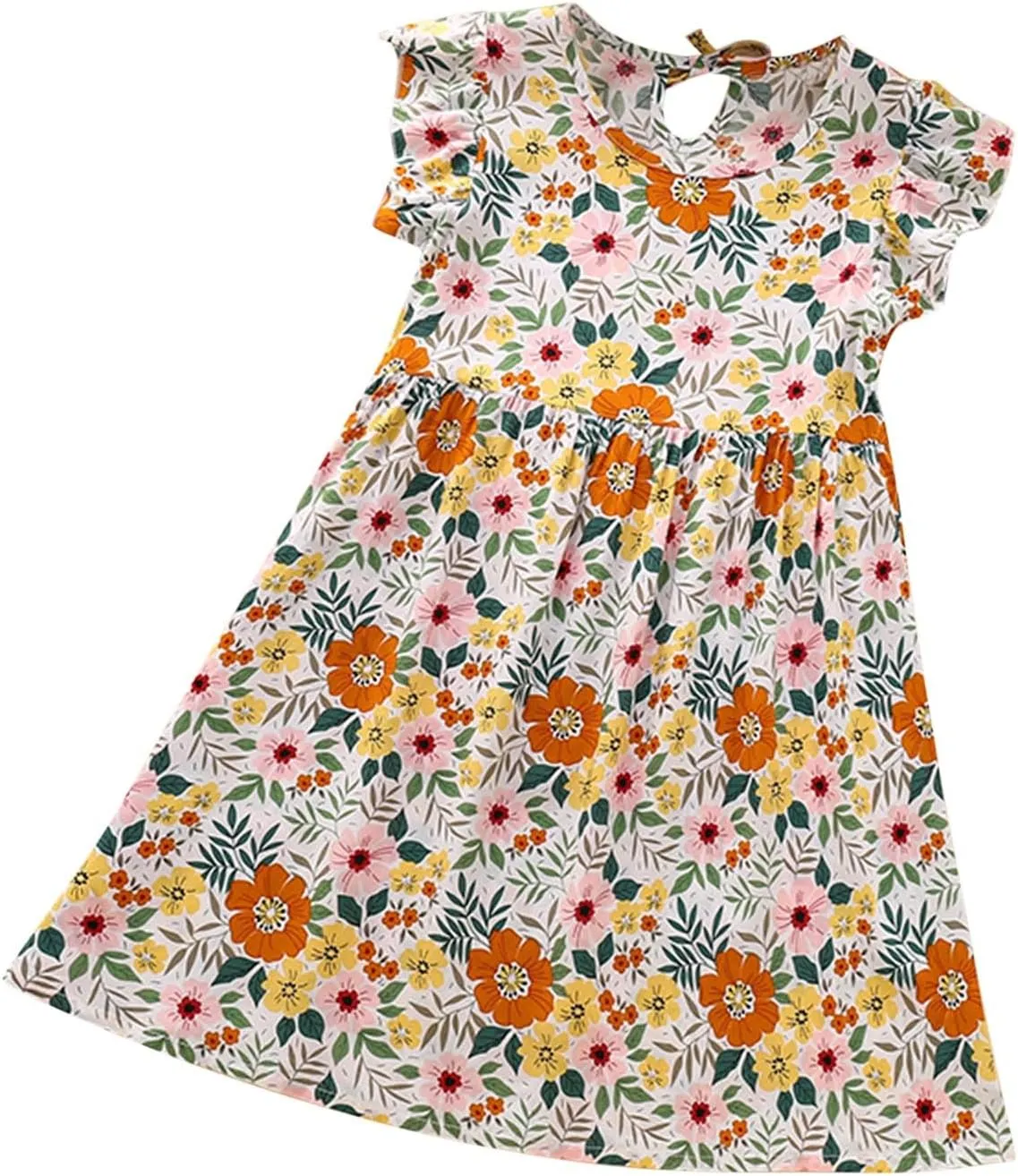 Girls Casual Dress Summer Floral Printed Ruffle Sleeve A Line Party Dress Round Neck Boho Dresses Size 3-14 Years