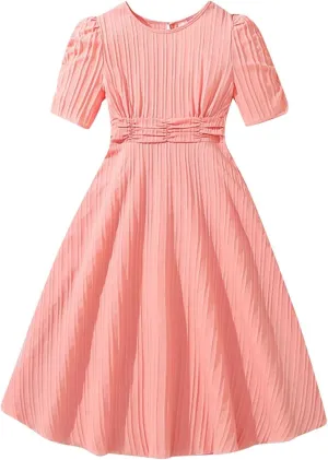 Girls' Dresses 2025 Summer Semi Formal Short Sleeve A Line Dress Cute Pleated Lapel Cotton Midi Dresses 8-13 Years