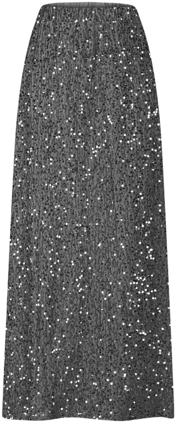 Glitter Sequin Long Skirt for Women Trendy Elastic High Waist Cocktail Party Skirts Fashion Sparkly A Line Skirts