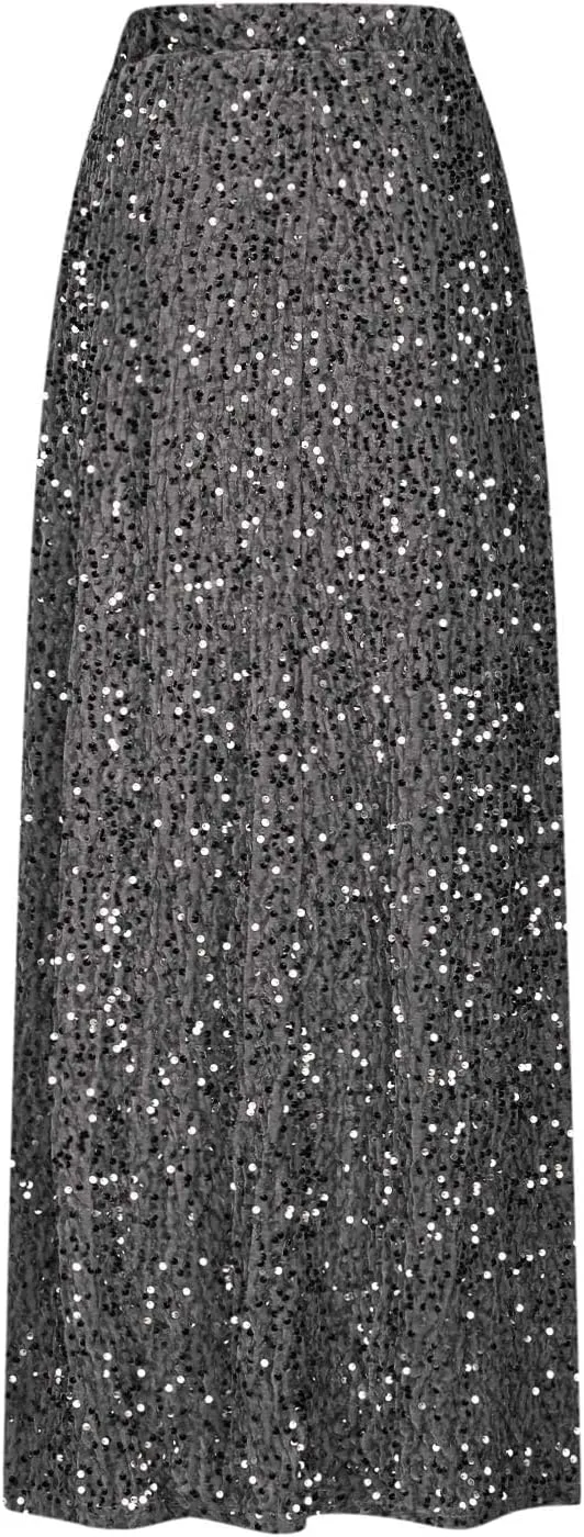 Glitter Sequin Long Skirt for Women Trendy Elastic High Waist Cocktail Party Skirts Fashion Sparkly A Line Skirts