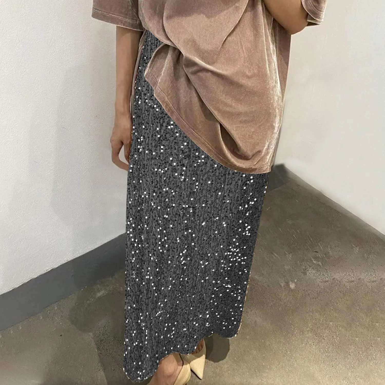 Glitter Sequin Long Skirt for Women Trendy Elastic High Waist Cocktail Party Skirts Fashion Sparkly A Line Skirts