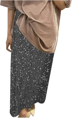 Glitter Sequin Long Skirt for Women Trendy Elastic High Waist Cocktail Party Skirts Fashion Sparkly A Line Skirts