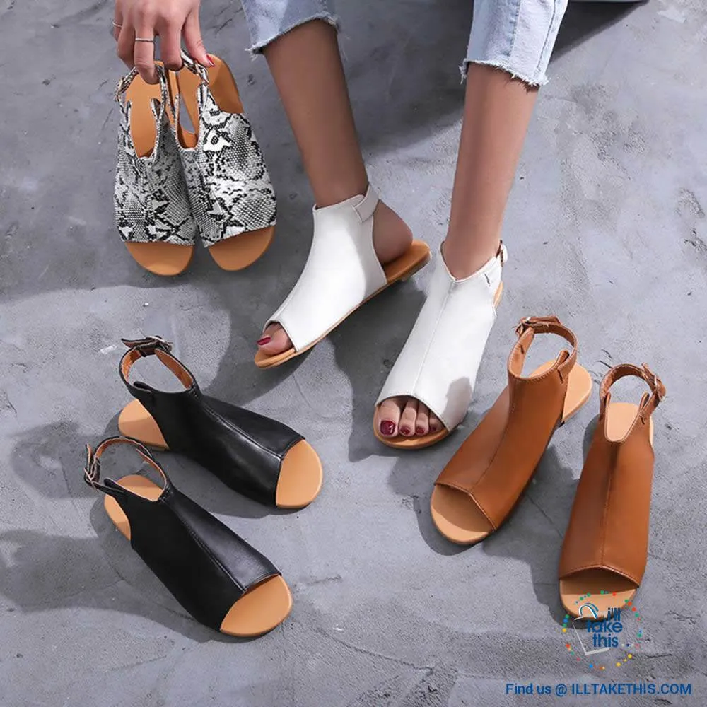 Gorgeous Flat Sole Sandal with Peep Toe , Vegan leather womens sandals, 4 Color Options!