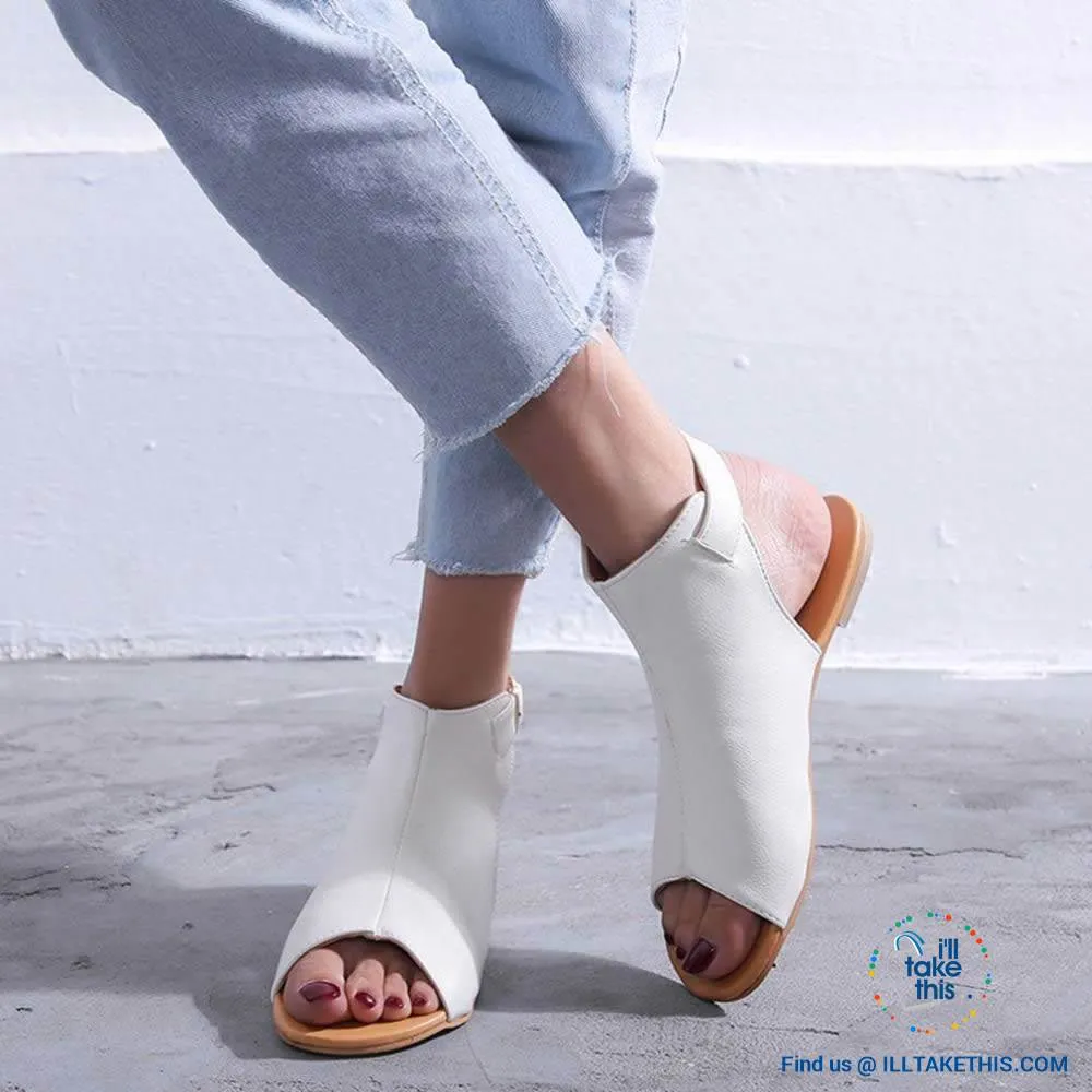 Gorgeous Flat Sole Sandal with Peep Toe , Vegan leather womens sandals, 4 Color Options!