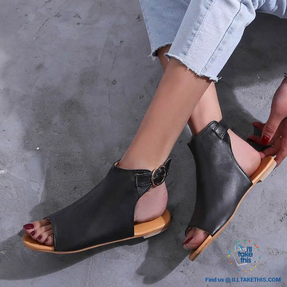 Gorgeous Flat Sole Sandal with Peep Toe , Vegan leather womens sandals, 4 Color Options!