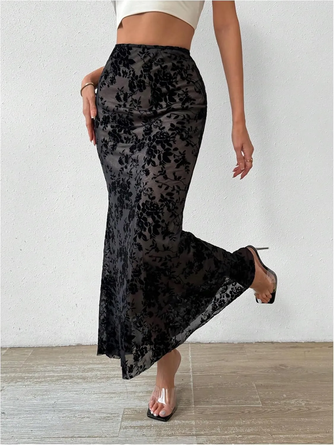 GORGLITTER Women's Y2K Goth Maxi Skirts Ditsy Floral Mesh Gothic Skirts Ruffle High Waist Long Skirts