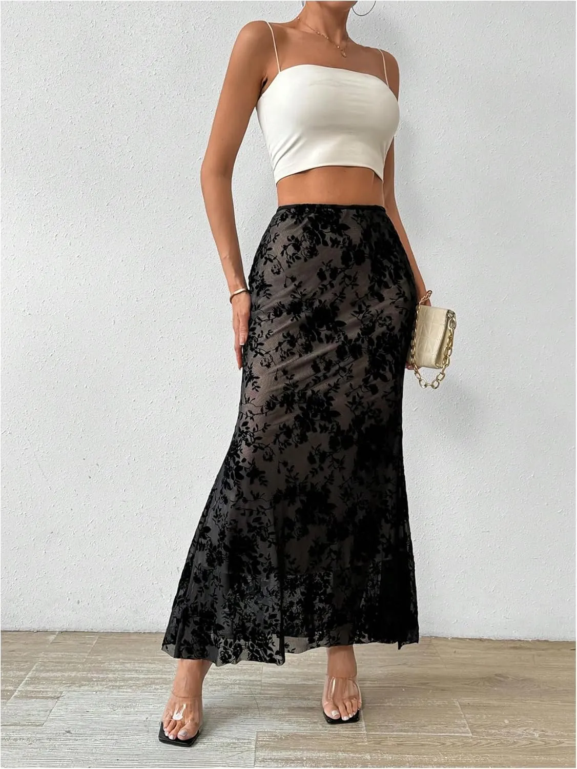 GORGLITTER Women's Y2K Goth Maxi Skirts Ditsy Floral Mesh Gothic Skirts Ruffle High Waist Long Skirts