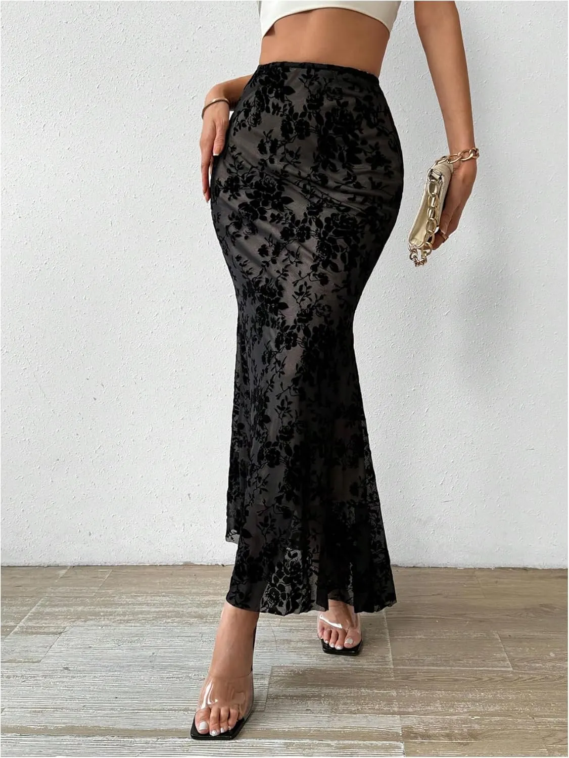GORGLITTER Women's Y2K Goth Maxi Skirts Ditsy Floral Mesh Gothic Skirts Ruffle High Waist Long Skirts