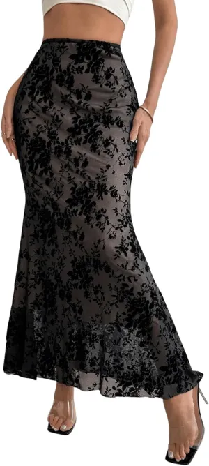 GORGLITTER Women's Y2K Goth Maxi Skirts Ditsy Floral Mesh Gothic Skirts Ruffle High Waist Long Skirts