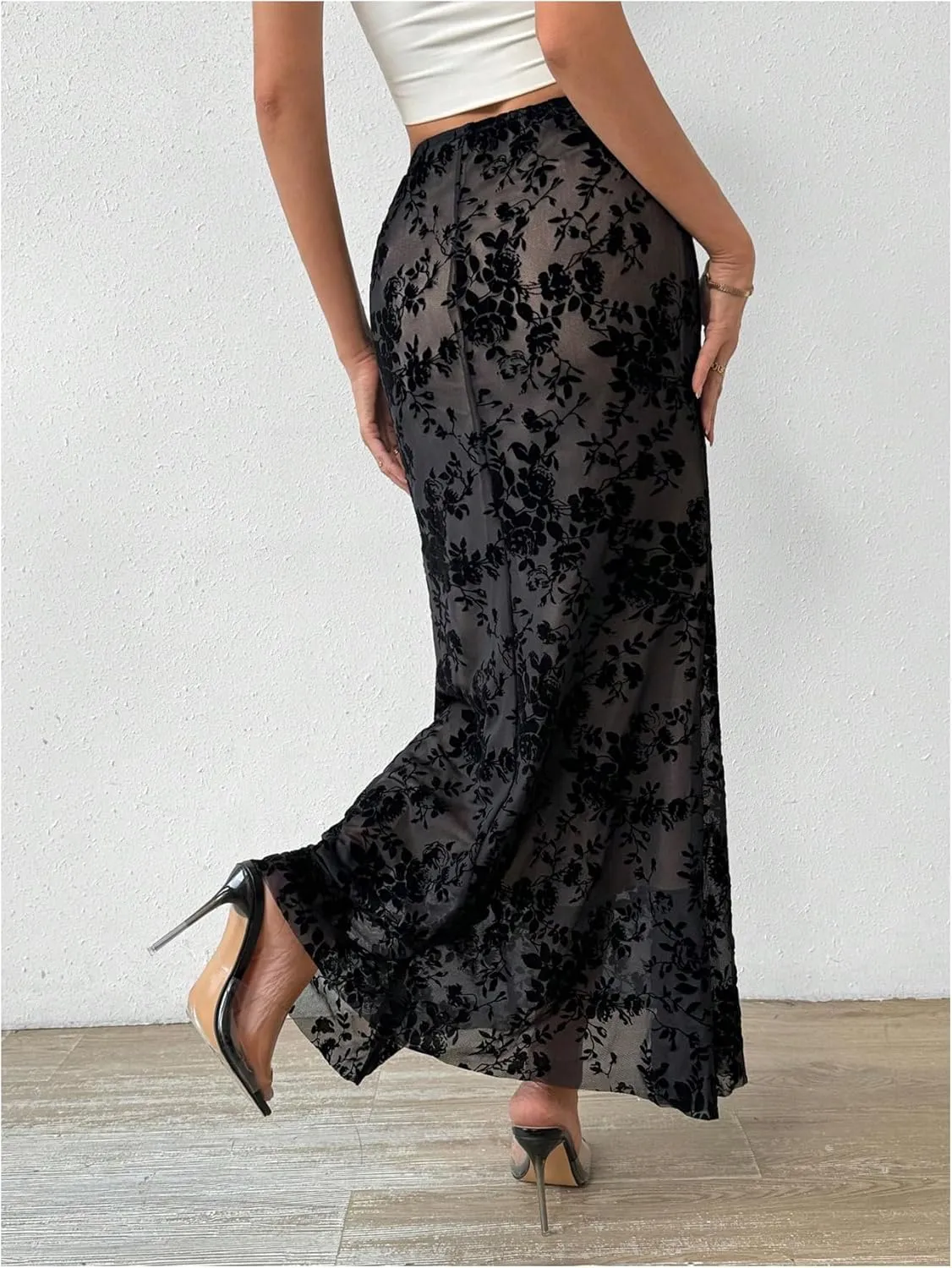 GORGLITTER Women's Y2K Goth Maxi Skirts Ditsy Floral Mesh Gothic Skirts Ruffle High Waist Long Skirts