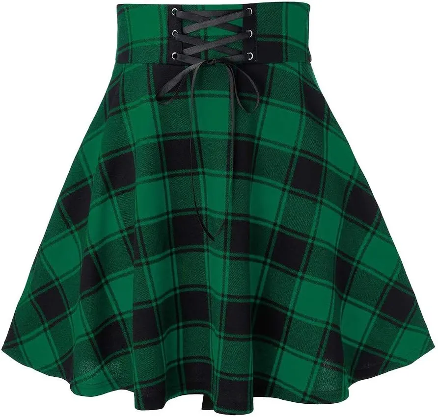 Gothic Plaid Mini Skirts for Women Punk Pleated Skirt Mini A Line Skirts Lace Up Goth Skirt High Waist Short Skirts
