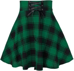 Gothic Plaid Mini Skirts for Women Punk Pleated Skirt Mini A Line Skirts Lace Up Goth Skirt High Waist Short Skirts