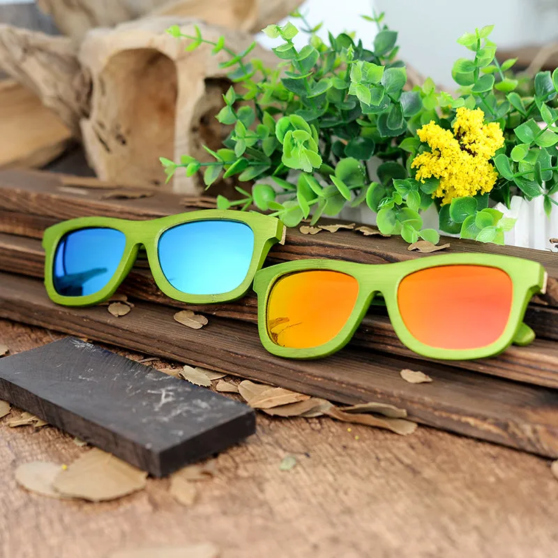 Green Bamboo Frame Wooden Sunglasses in Wood Box - Blue,Yellow Lenses
