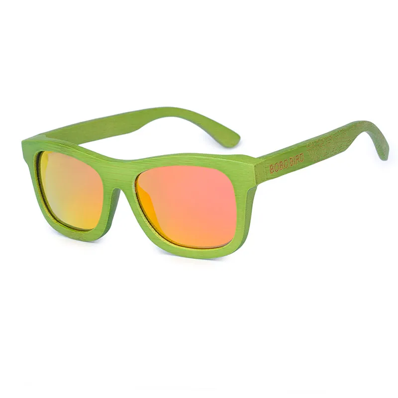 Green Bamboo Frame Wooden Sunglasses in Wood Box - Blue,Yellow Lenses