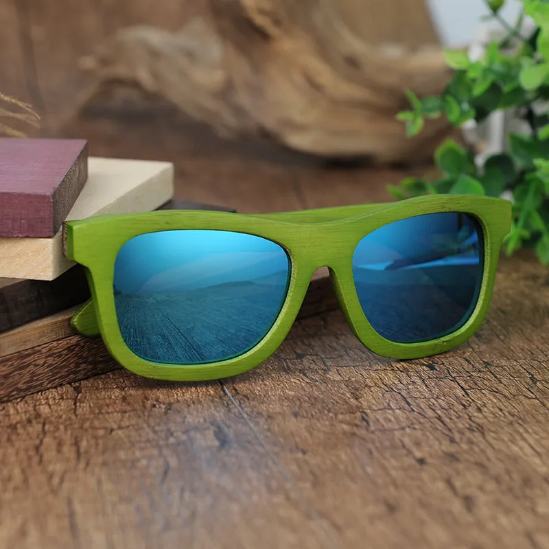 Green Bamboo Frame Wooden Sunglasses in Wood Box - Blue,Yellow Lenses