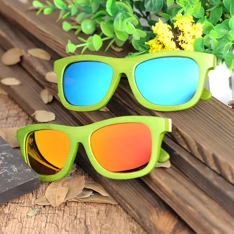 Green Bamboo Frame Wooden Sunglasses in Wood Box - Blue,Yellow Lenses