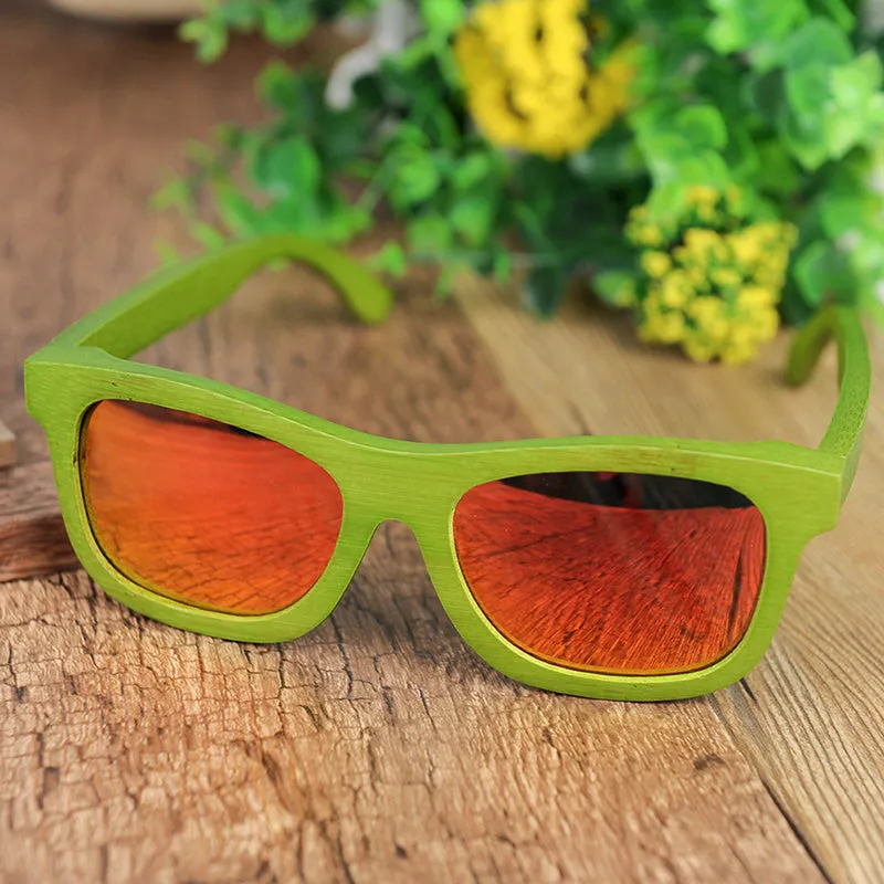 Green Bamboo Frame Wooden Sunglasses in Wood Box - Blue,Yellow Lenses