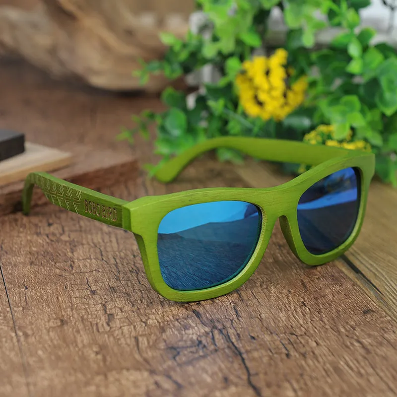 Green Bamboo Frame Wooden Sunglasses in Wood Box - Blue,Yellow Lenses