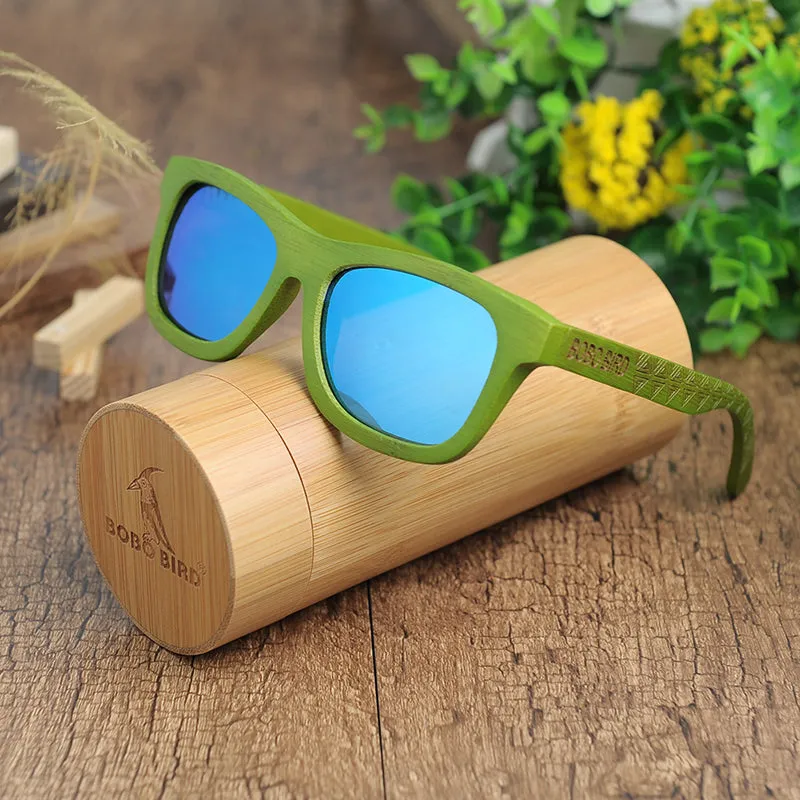 Green Bamboo Frame Wooden Sunglasses in Wood Box - Blue,Yellow Lenses