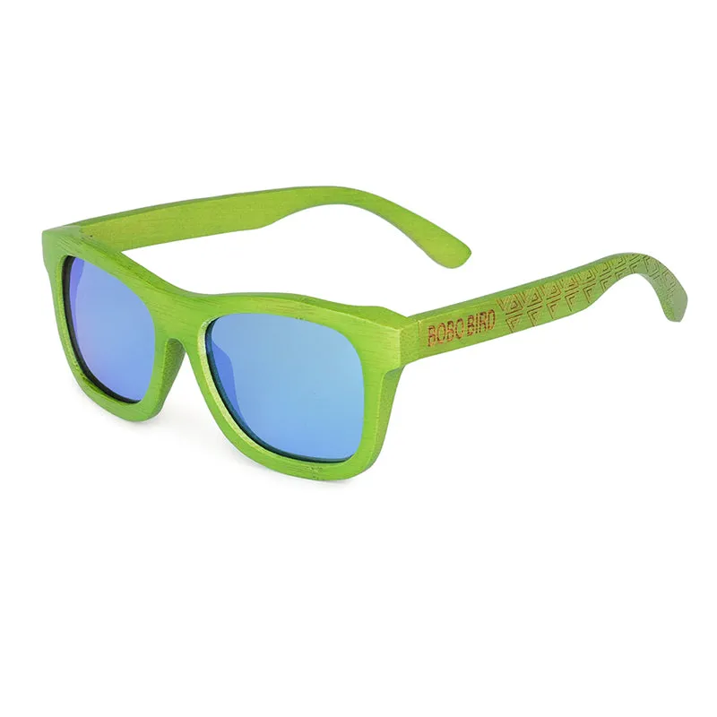 Green Bamboo Frame Wooden Sunglasses in Wood Box - Blue,Yellow Lenses
