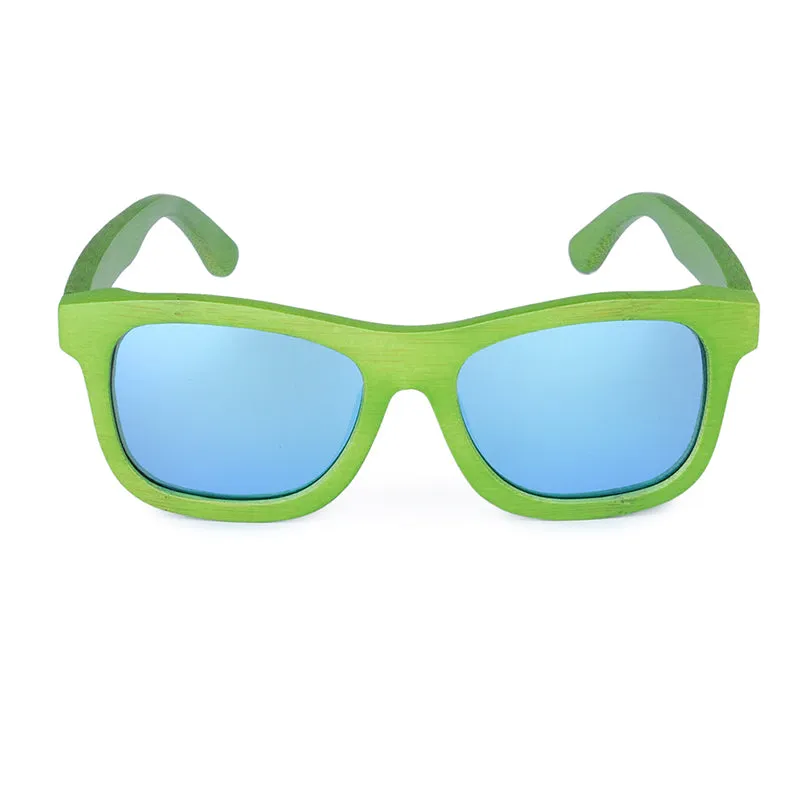 Green Bamboo Frame Wooden Sunglasses in Wood Box - Blue,Yellow Lenses