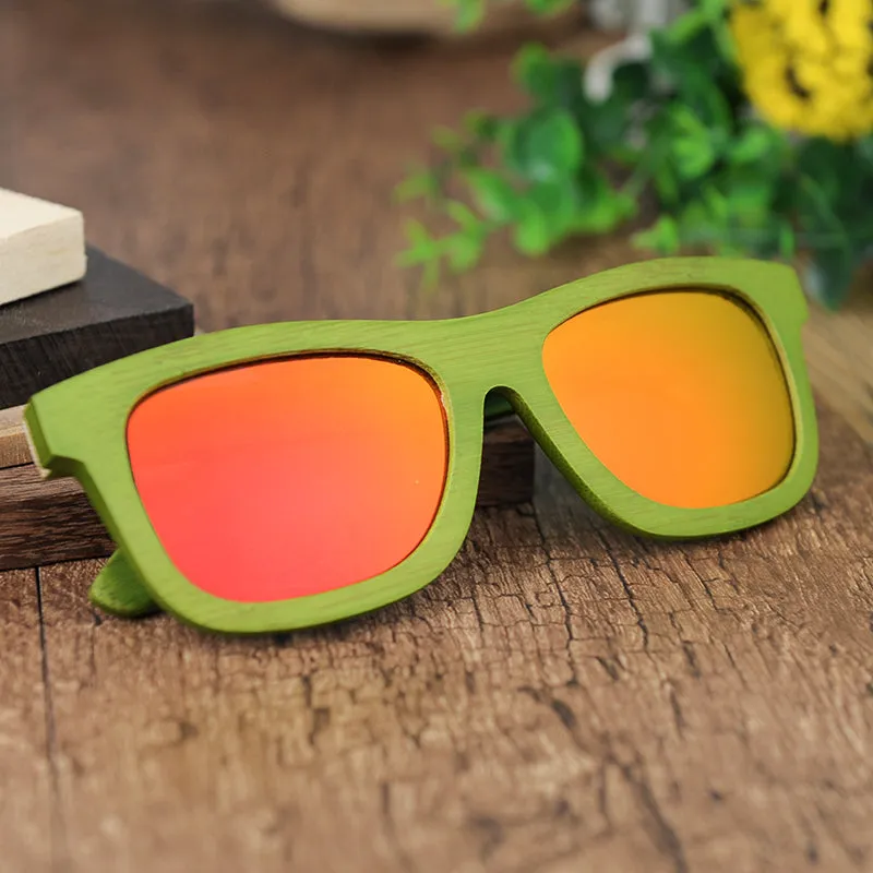Green Bamboo Frame Wooden Sunglasses in Wood Box - Blue,Yellow Lenses