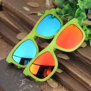 Green Bamboo Frame Wooden Sunglasses in Wood Box - Blue,Yellow Lenses