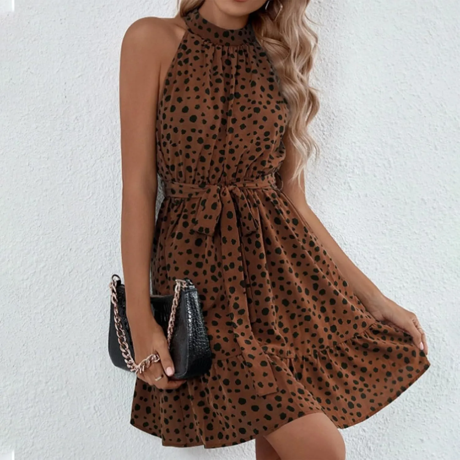 Halter Dress for Women Retro Floral Polka Dot Backless Boho Dresses Sleeveless Self-Tie Belt Swing Ruffle Sun Dress