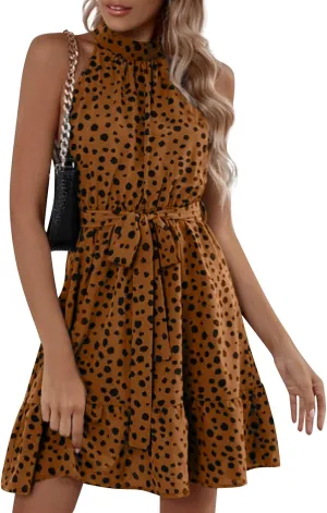 Halter Dress for Women Retro Floral Polka Dot Backless Boho Dresses Sleeveless Self-Tie Belt Swing Ruffle Sun Dress