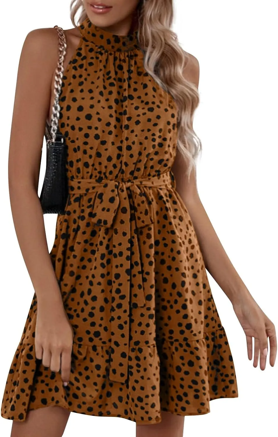Halter Dress for Women Retro Floral Polka Dot Backless Boho Dresses Sleeveless Self-Tie Belt Swing Ruffle Sun Dress