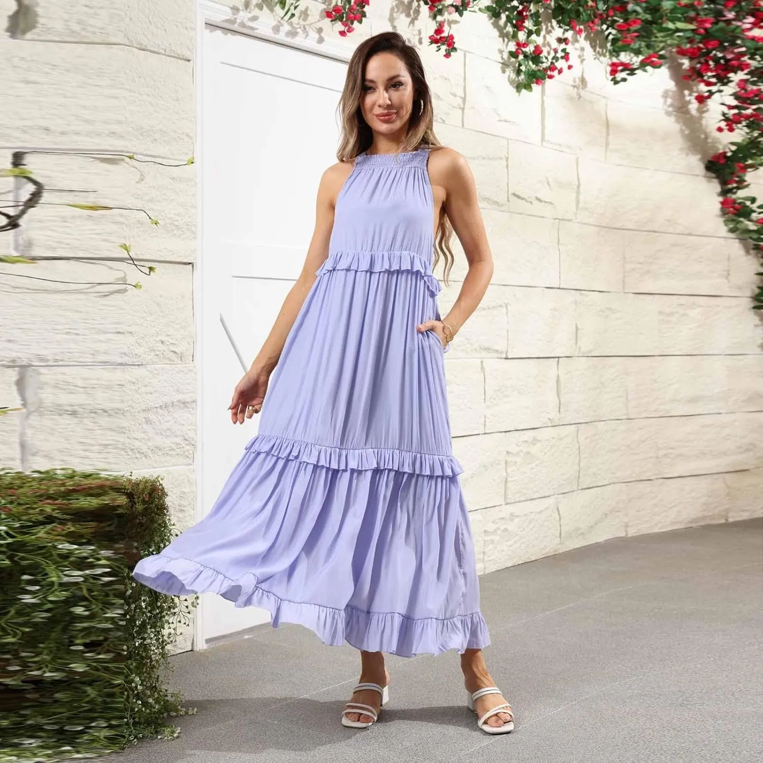 Halter Dresses for Women Flowy Tiered Ruffle Plus Size Summer Dresses Formal Beach Vacation Pleated Boho Maxi Dress