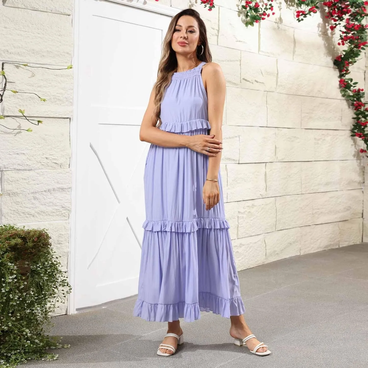 Halter Dresses for Women Flowy Tiered Ruffle Plus Size Summer Dresses Formal Beach Vacation Pleated Boho Maxi Dress