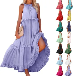Halter Dresses for Women Flowy Tiered Ruffle Plus Size Summer Dresses Formal Beach Vacation Pleated Boho Maxi Dress