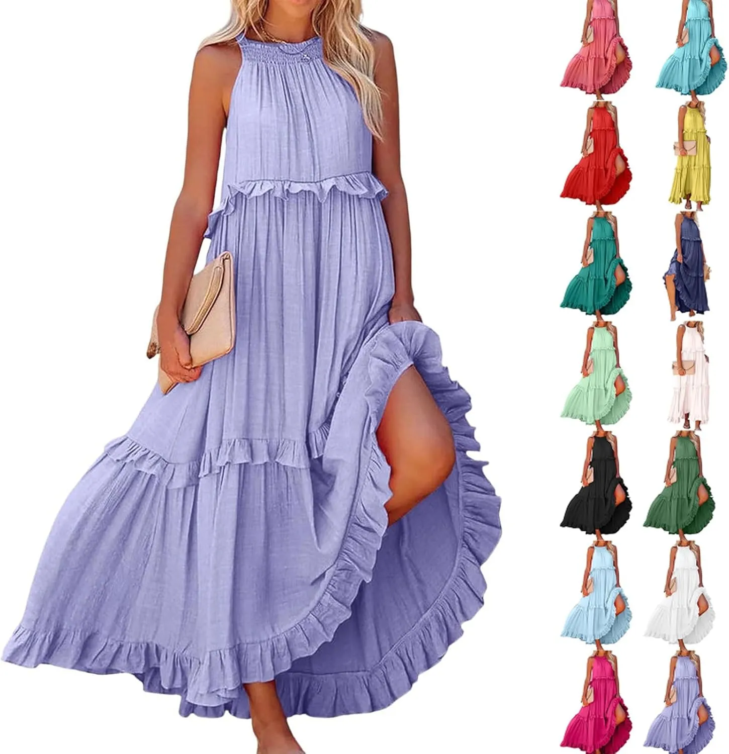 Halter Dresses for Women Flowy Tiered Ruffle Plus Size Summer Dresses Formal Beach Vacation Pleated Boho Maxi Dress