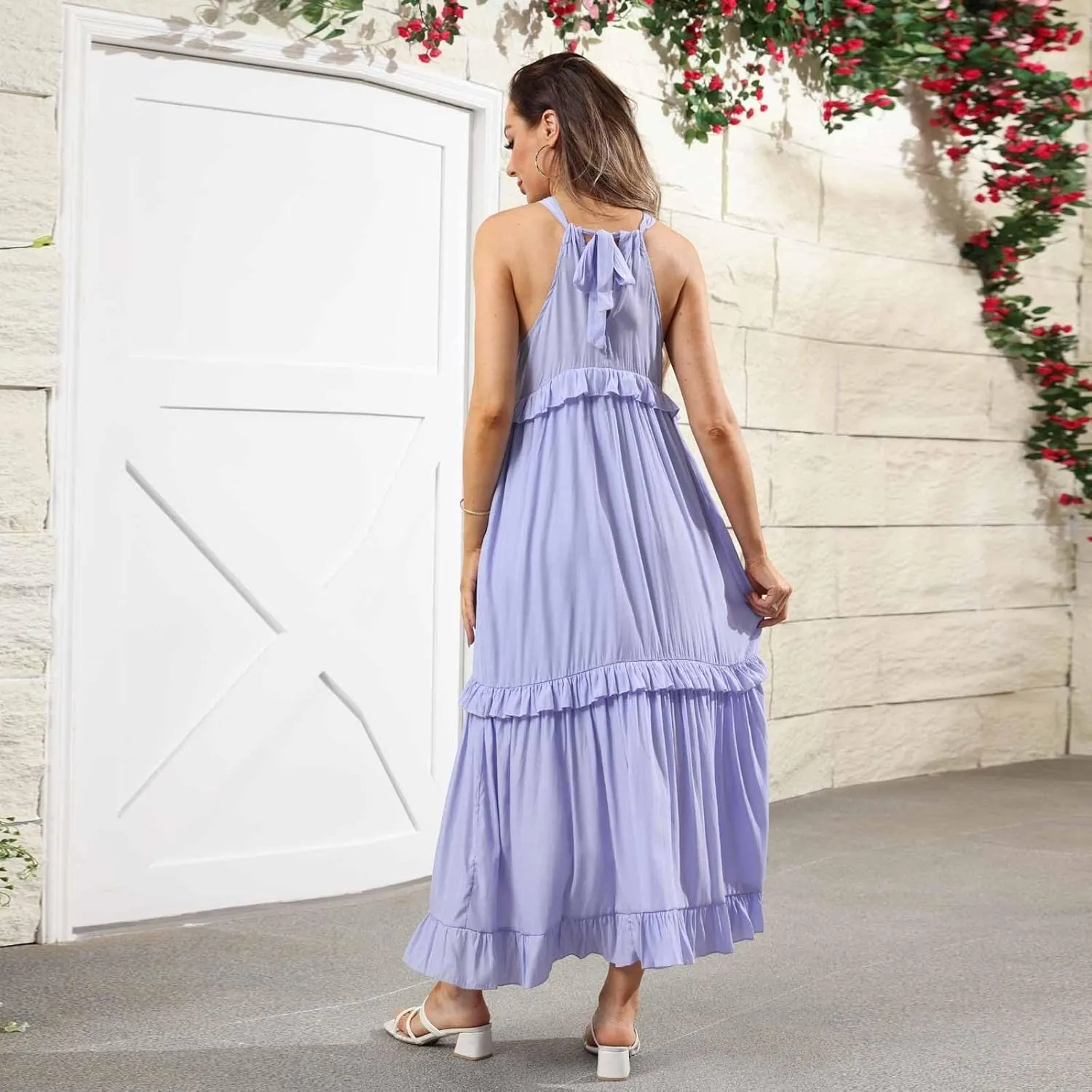 Halter Dresses for Women Flowy Tiered Ruffle Plus Size Summer Dresses Formal Beach Vacation Pleated Boho Maxi Dress