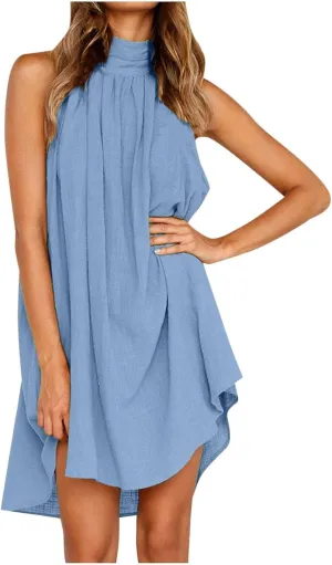 Halter Irregular Summer Dresses for Women Holiday Beach Sleeveless Party Dress Sexy Hem Mini Dress Plain Solid Sundress